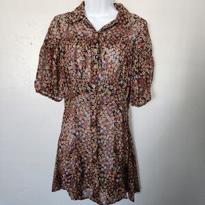 Free People Women's Small Black Retro Floral Chiffon Mini Dress Short Sleeve Top